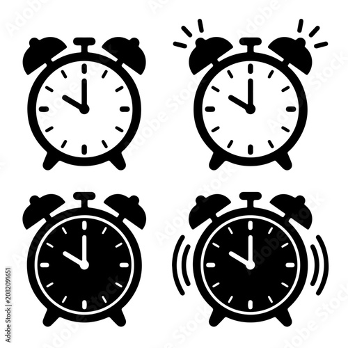 Set of alarm clock icons in black and white