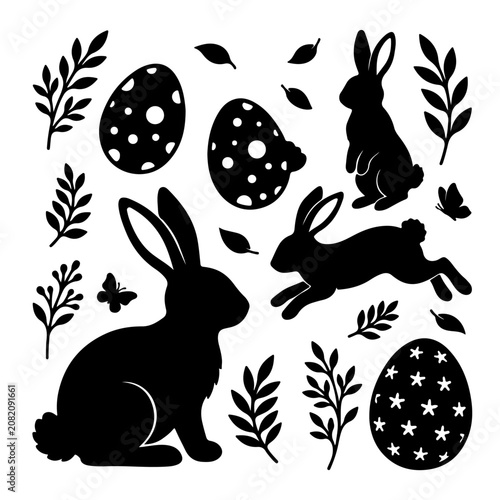 Easter bunny and eggs silhouette set