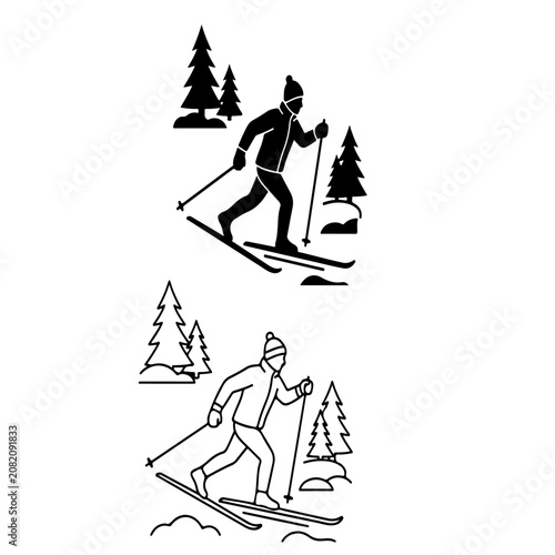 Cross Country Skier Icons Set with Winter Pine Trees in Silhouette and Line Art Style