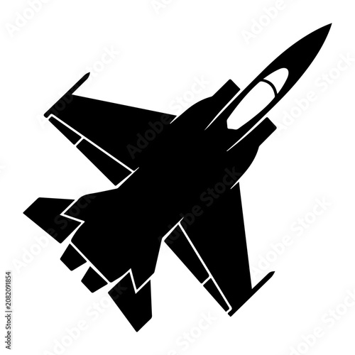Black Silhouette of a Modern Fighter Jet Aircraft Isolated on White Background