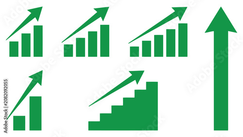 Green rising bar charts and growth arrows set