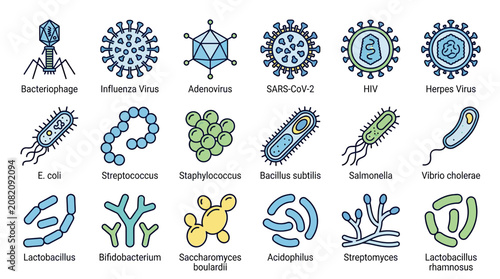 Quadro su tela Collection of virus and bacteria illustrations: medical, science, and health ico