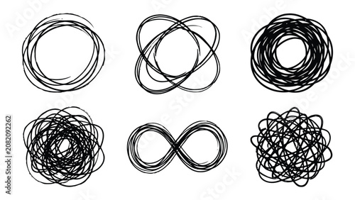 Set of hand drawn black ink scribble shapes and circles
