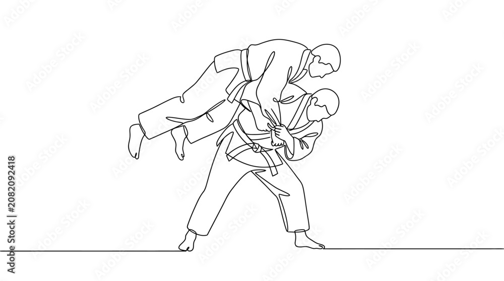 Obraz premium Continuous Line Drawing of Judo Athletes Performing a Throw 