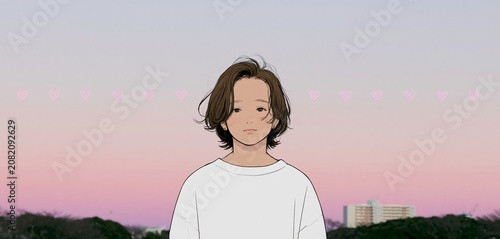 teenager character in white sweatshirt standing in front of golden hour horizon