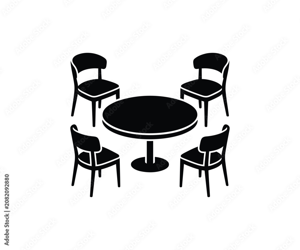 Fototapeta premium PrintTitle: Round cafe table and chairs set vector silhouette illustration