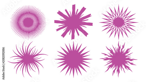 Set of purple sunburst and starburst design elements