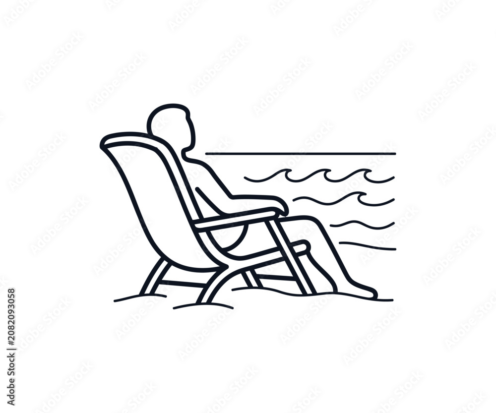 Fototapeta premium PrintTitle: Person relaxing on beach deck lounge chair line art vector