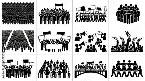 Protest Crowd Silhouettes: Demonstration, March, Activism, Signs, Megaphones, Unity