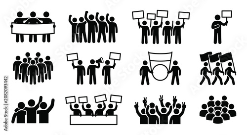 Obraz na plátně Protest Crowd Icons: Marching, Chanting, Holding Signs & Banners
