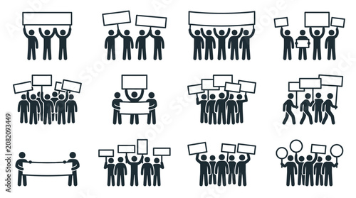 Protest Crowd Icons: People Holding Signs and Banners, Demonstration and Rally Symbols