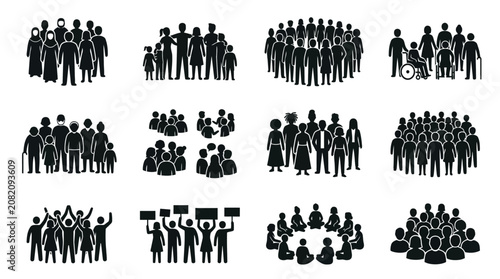 Diverse Crowd Silhouettes: Groups, Community, Gathering, Unity, People Icons