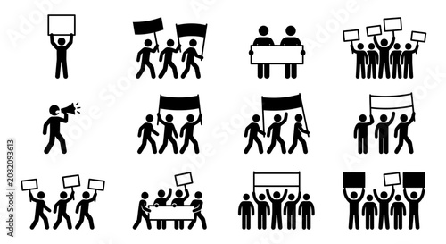 Foto Protest Icons: People Marching with Signs, Banners, and Megaphone