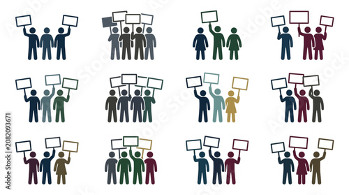 Crowd holding blank signs, protest, demonstration, public gathering, rally, vector icons