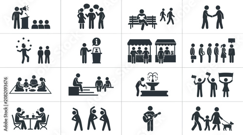 Diverse People Icons: Business, Social, Leisure, and Community Activities