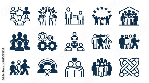 Diverse community and team icons: unity, equality, collaboration, and global connection