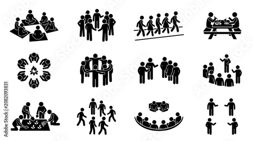 Teamwork and Collaboration Icon Set: Business Meeting, Group Discussion, People Gathering
