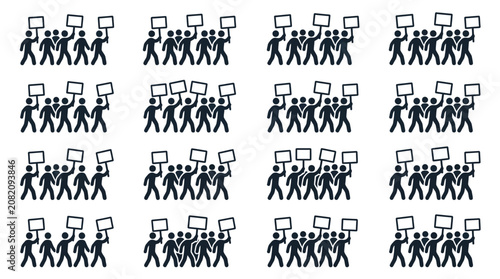 Protest Crowd Holding Blank Signs - Group Demonstration Icons