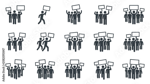 Photos Protest Icons: Group of People Holding Signs, Demonstrating Crowd, Rally Symbols