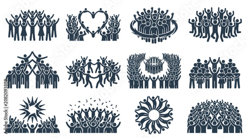 Diverse Group of People Silhouettes Celebrating Unity and Success