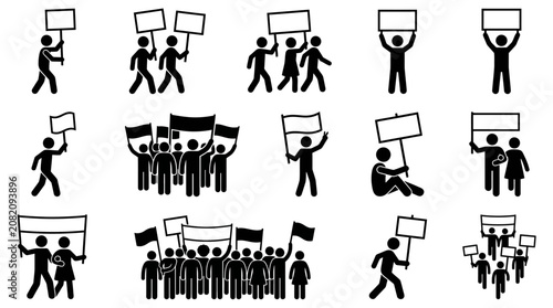 Protestors holding signs and banners, demonstration, rally, human rights, activism, vector icons