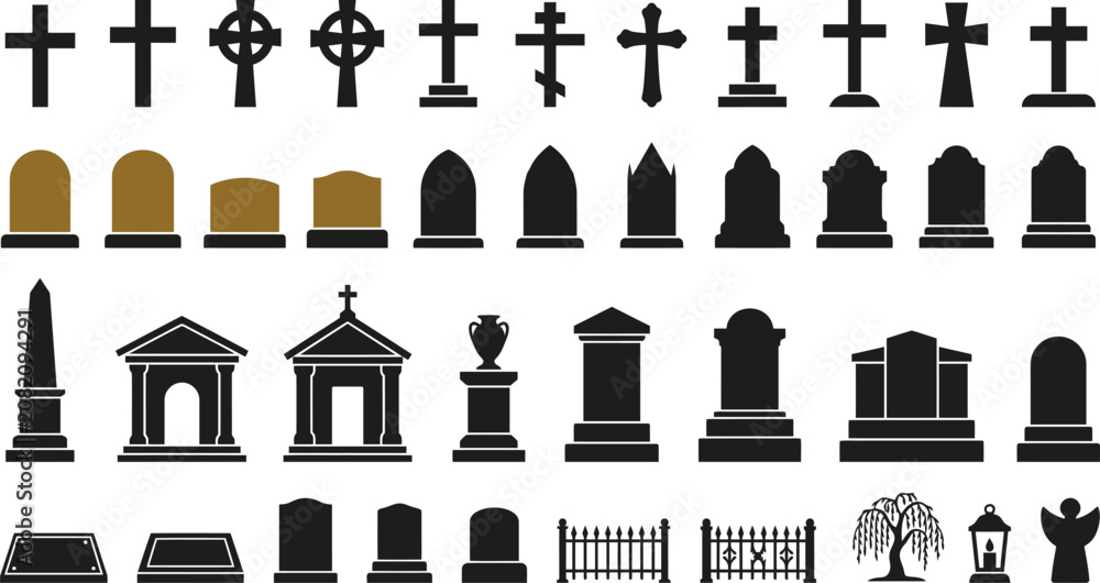 Fototapeta premium Cemetery Tombstone and Grave Cross Silhouette Icon Set for Memorial Designs