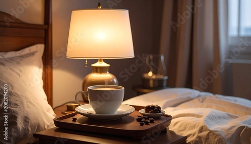 A serene bedroom scene with a wooden bedside table holding a warm cup of coffee on a tray, accompanied by a lamp and a cozy bed