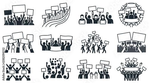Protest crowd with signs and banners vector icons, demonstration, rally, social movement