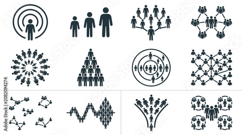 People Icons Set: Business, Networking, Teamwork, Hierarchy, Community, Data Visualization