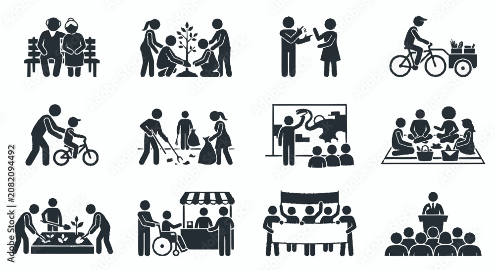 Fototapeta premium Community Icons: People activities, volunteering, social life, education, nature, and events