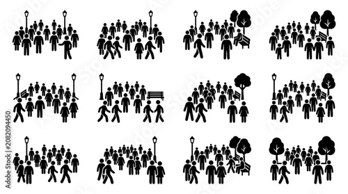 Crowd Gathering Silhouettes Icons: Park, Street, People Icons Collection