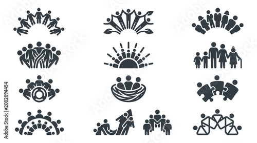 Diverse Teamwork Icons: Unity, Connection, Growth, and Family Symbols