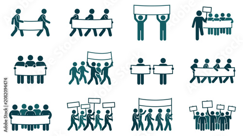 Fotografía Protest Crowd Icons: People Marching with Banners and Signs
