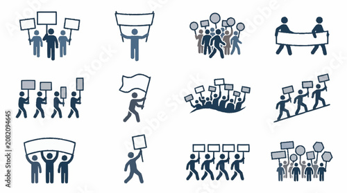 Cuadro en lienzo Protest icons, demonstration signs, crowd marching, vector illustration