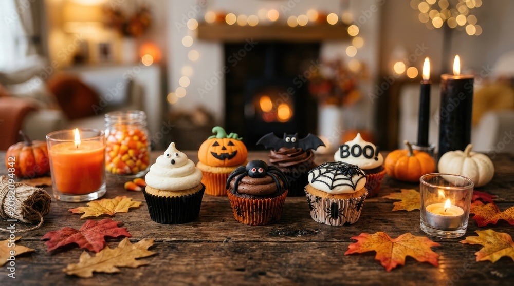 Fototapeta premium Festive halloween cupcakes and decorations cozy autumn scene with pumpkins and candles