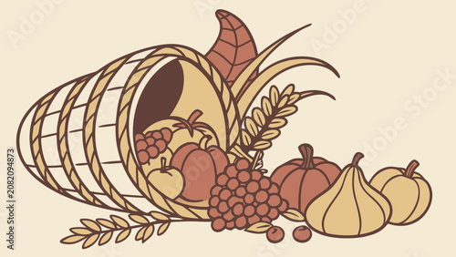 Fotografía Hand Drawn Cornucopia Illustration Filled with Autumn Fruits and Vegetables