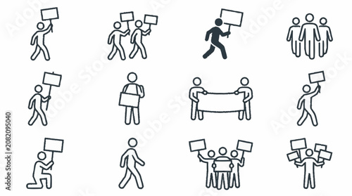 Protest Icons: People Marching with Signs and Banners