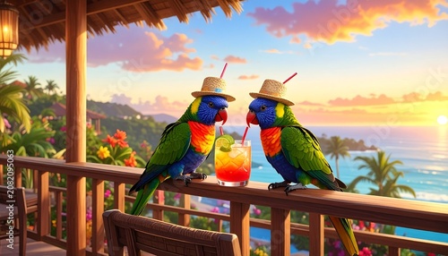 Two  Parrots in Straw Hats Sharing a Cocktail at Sunset