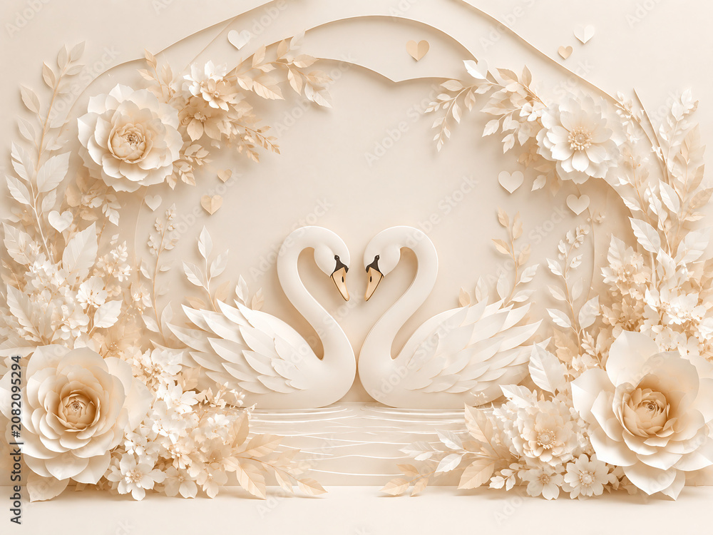 Fototapeta premium Elegant cream papercut swan couple forming a heart shape, surrounded by roses, flowers, leaves and romantic heart details, perfect for wedding invitations, anniversary cards, bridal stationery, love t
