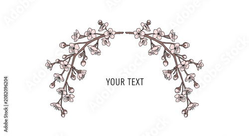 Symmetrical arch of delicate pink cherry blossom branches with buds and flowers, perfect for framing text or invitations.