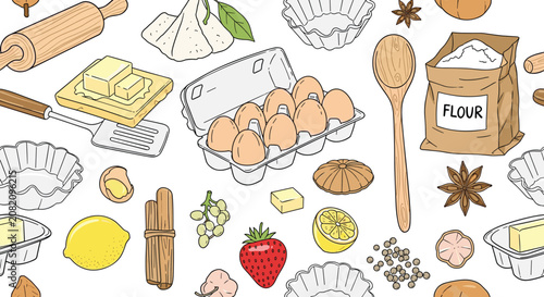 Seamless pattern of baking ingredients and tools including flour eggs rolling pin butter and kitchen utensils on a white background theme.