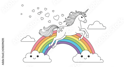 Magical white unicorn leaping over a vibrant rainbow with happy clouds and floating hearts in a whimsical sky background.