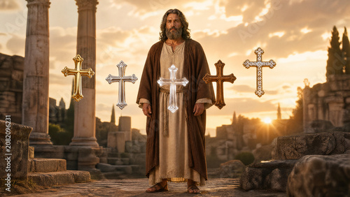 Bearded Man with Five Floating Cross Symbols