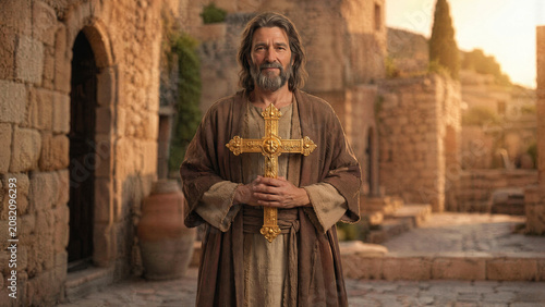Bearded Man Holding a Pure Gold Cross