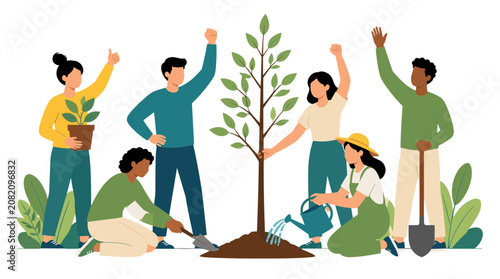 Group of diverse people planting a tree sapling together.
