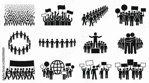 Tableau sur toile Crowd icons collection, people protest, demonstration, teamwork, unity, communit