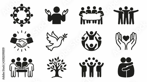 Teamwork, unity, and support icons: group, handshake, dove, tree, hug, hands