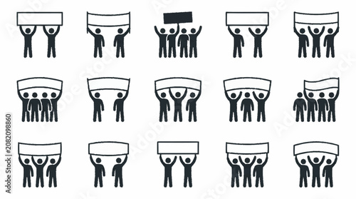 Tableau sur toile Protestors holding blank banners and signs, crowd demonstration icons