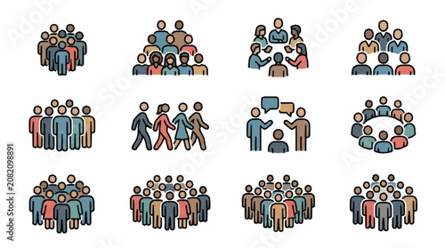 Diverse Group People Icons Collection: Teamwork, Community, Crowd, Business Meeting, Discussion