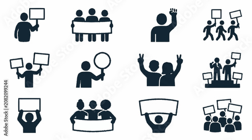 Protest Icons: Silhouettes of People Demonstrating with Signs and Banners